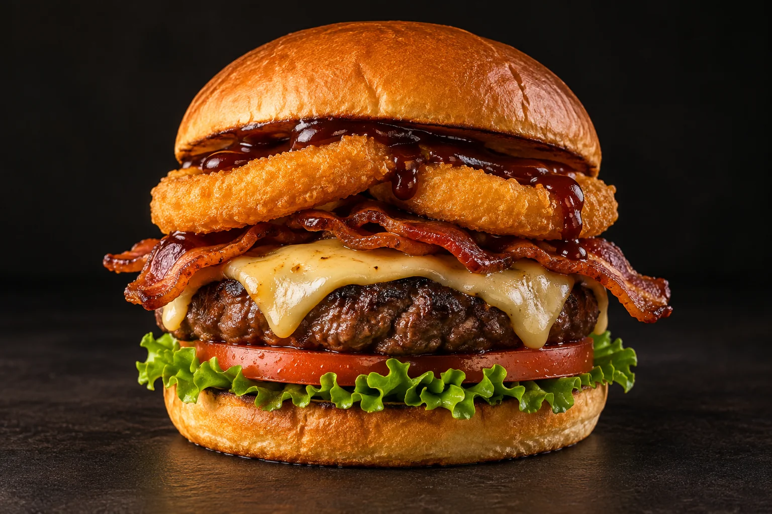 Hamburguesa Texana con aros de cebolla, tocino y queso